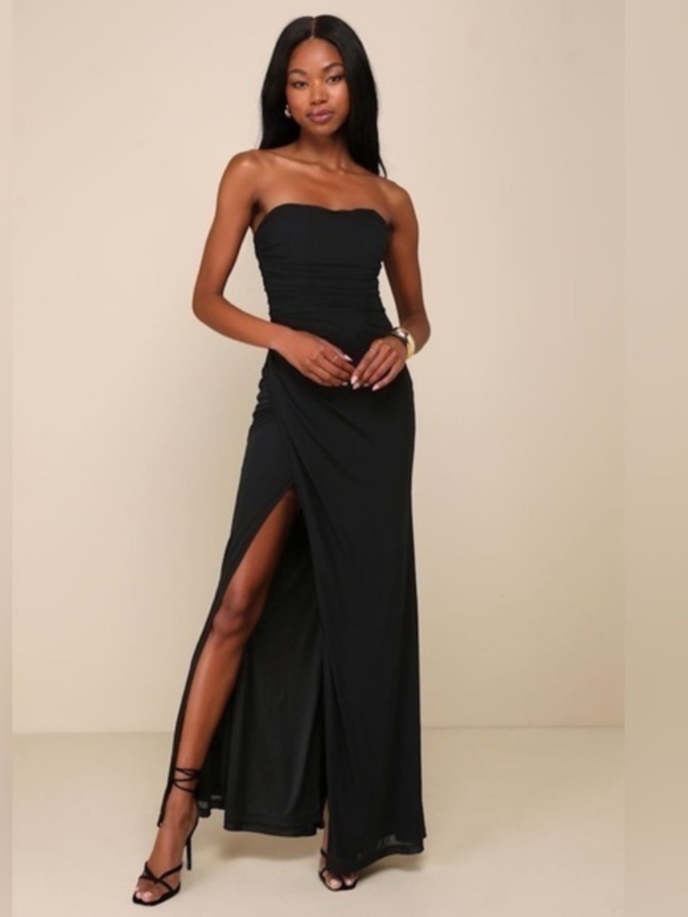 Lulu’s Epitome of Allure Mesh Strapless Ruched Maxi Dress